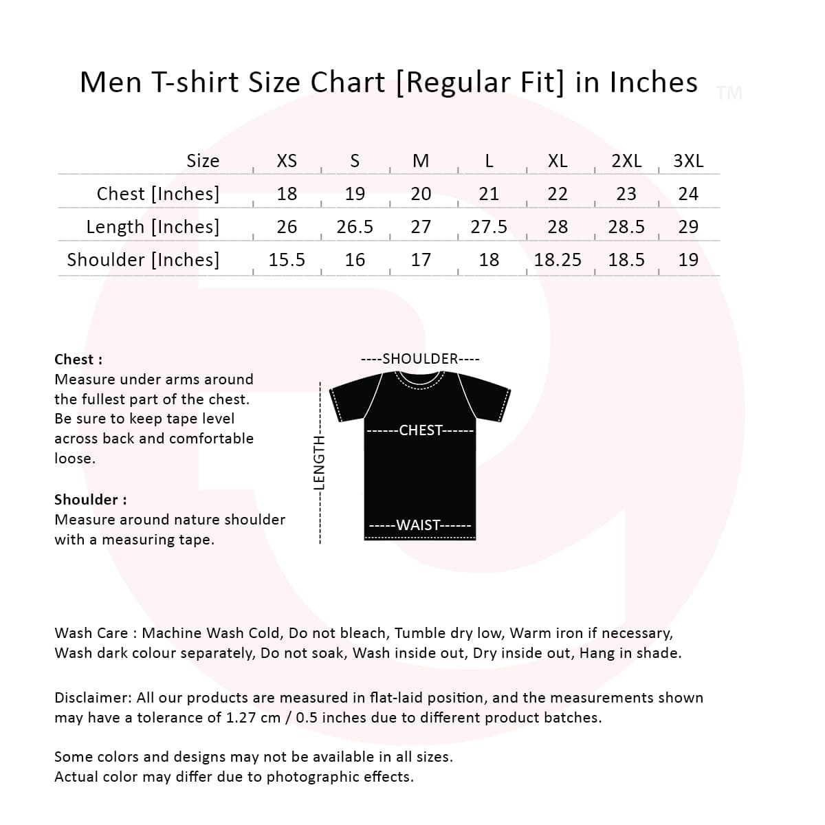 Men’s T-shirt size chart in inches