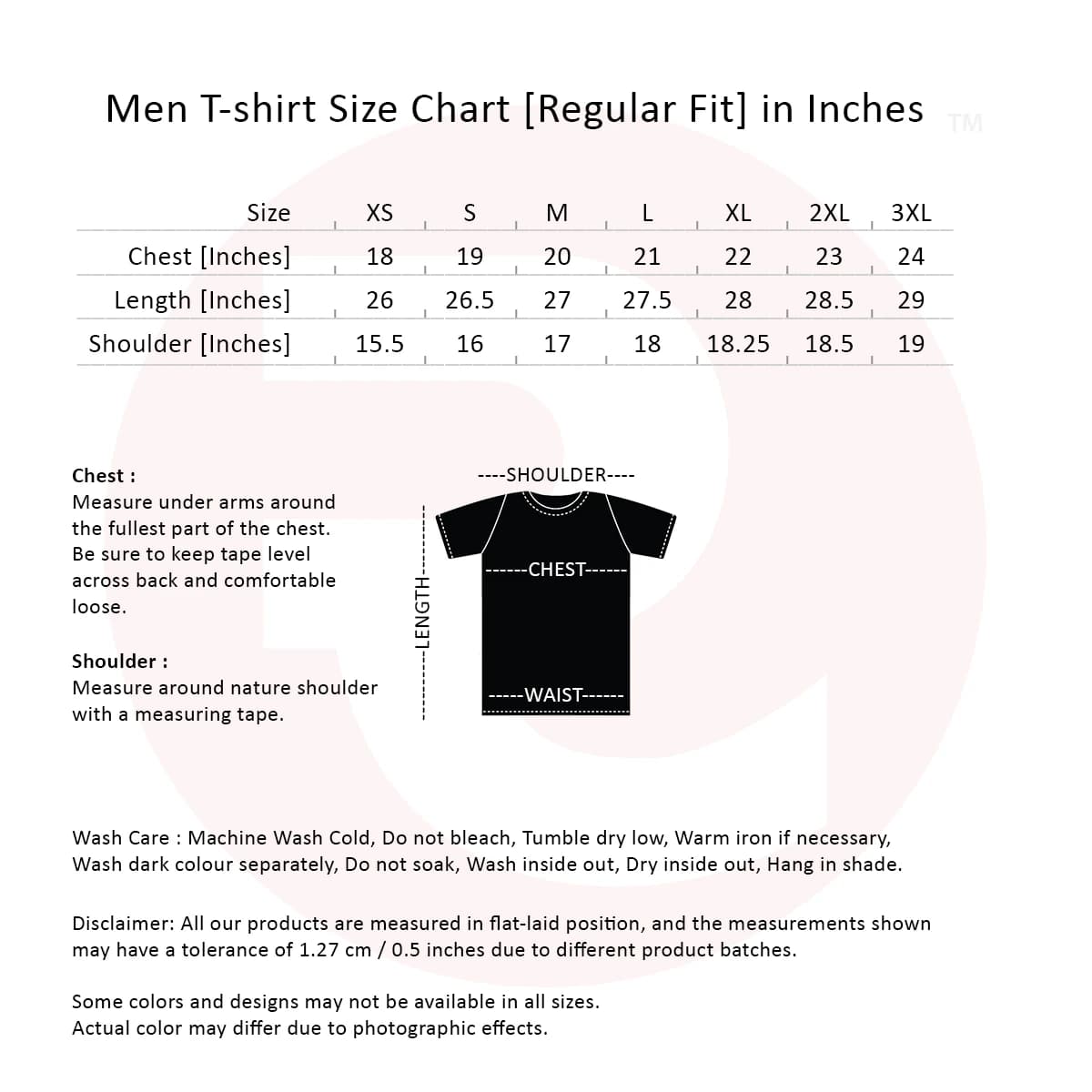 Men’s T-shirt size chart in inches
