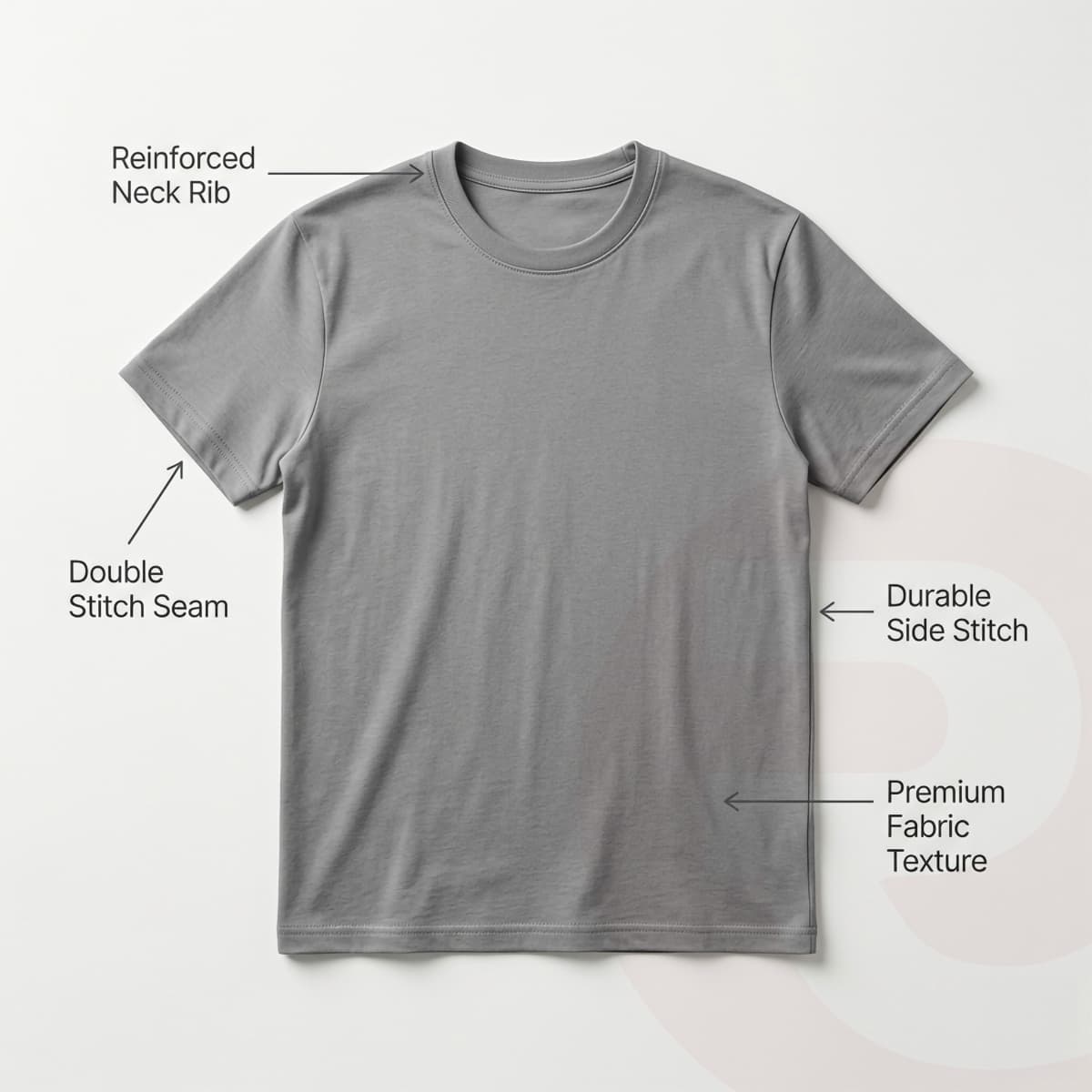 T-shirt quality features: reinforced neck rib, double stitch seam, durable side stitch, premium fabric texture
