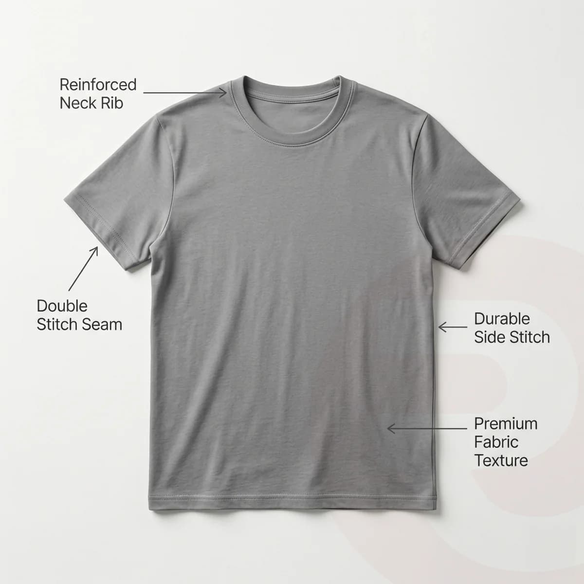 T-shirt quality features: reinforced neck rib, double stitch seam, durable side stitch, premium fabric texture